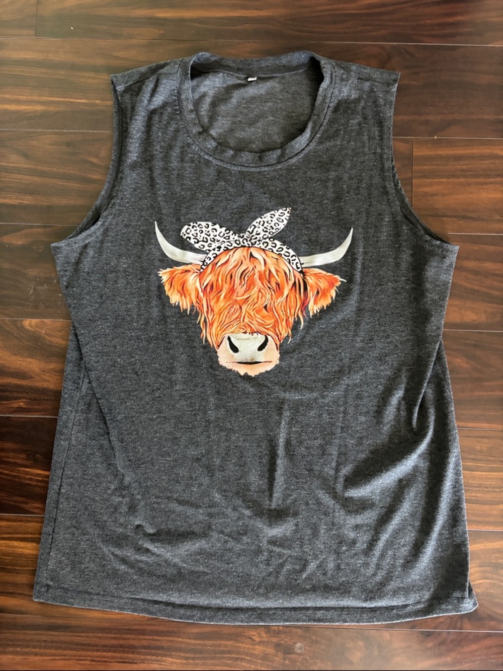 Charcoal Muscle Tee with Orange Highland Cow Graphic